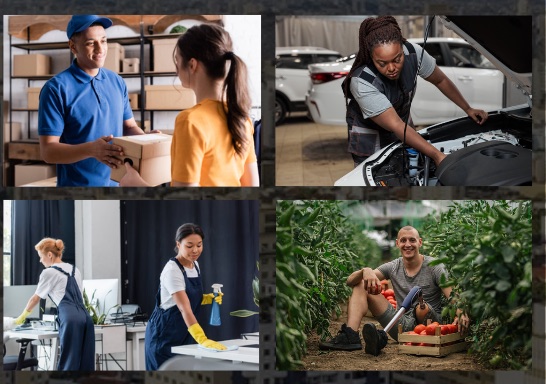 Empreendedores individuais em atividade: entregas, mecânica, limpeza e agricultura